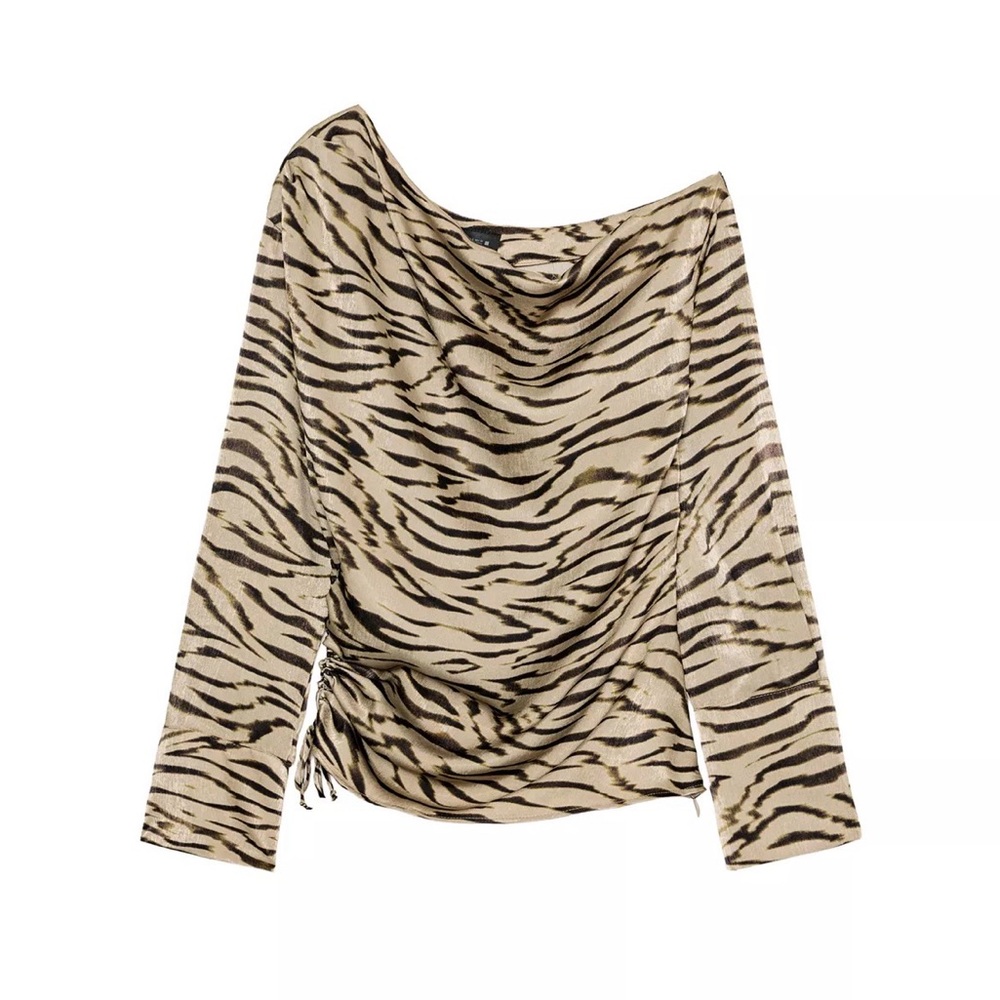 Zara Beige and Black Zebra-Print Cowl Neck Long Sleeve Top
